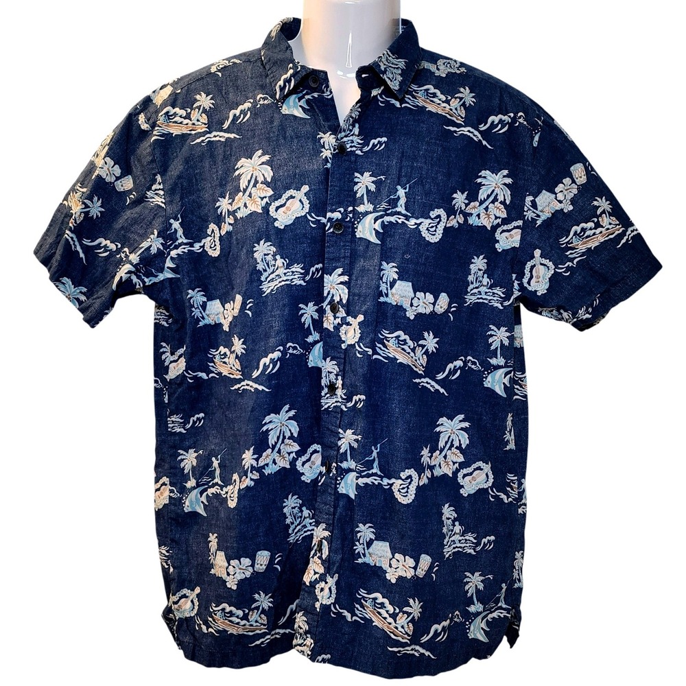 Kahala Mens Aloha‎ Shirt Blue Tropical Scenic Cotton Made in Hawaii L 3120R KF16